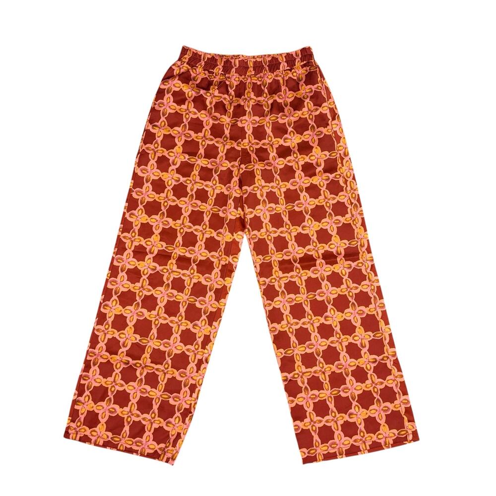 Strut & Bolt Chainlink Wide Leg Pants Burgundy Gold Satin Geometric Pants Size M